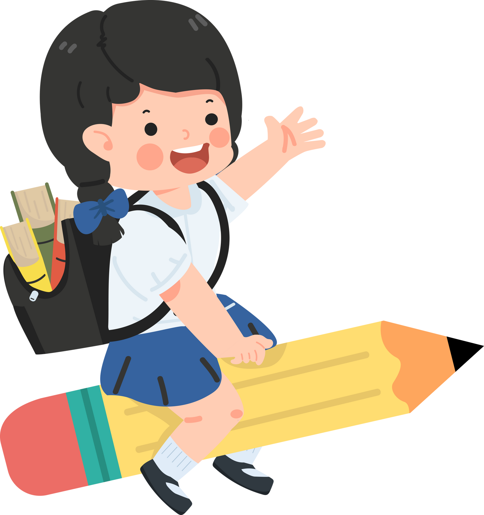 Kid girl student flying on Pencil